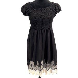 Vtg Max Edition Smocked Dress Womens L Floral Embroidery Hem Milkmaid Peasant
